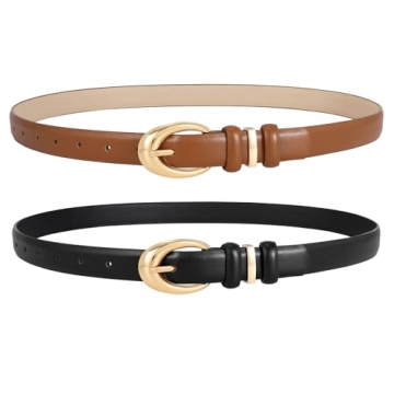 LEACOOLKEY 2 Pack Women Leather Belts for Jeans Dress Fashion Skinny Belt with Gold Silver Buckle