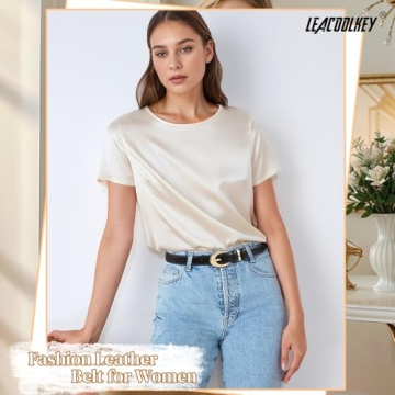 LEACOOLKEY 2 Pack Women Leather Belts for Jeans Dress Fashion Skinny Belt with Gold Silver Buckle