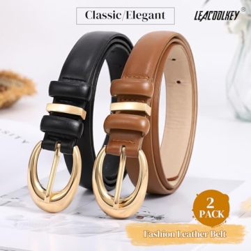 LEACOOLKEY 2 Pack Women Leather Belts for Jeans Dress Fashion Skinny Belt with Gold Silver Buckle