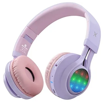 Riwbox WT-7S Kids Bluetooth Headphones Light Up, Foldable Stero Wireless Headset with Microphone and Volume Control for PC/Tablet/TV/Travel (Purple)