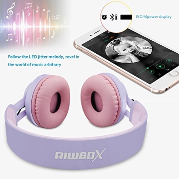 Riwbox WT-7S Kids Bluetooth Headphones Light Up, Foldable Stero Wireless Headset with Microphone and Volume Control for PC/Tablet/TV/Travel (Purple)