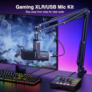 FIFINE Gaming Streaming Bundle with XLR Microphone Kit, PC Mixer, XLR Cable 10ft, Dynamic Mic with G...