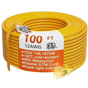 12/3 Gauge Heavy Duty Outdoor Extension Cord - 100ft Waterproof, 15Amp