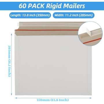 RHBLME 60 Pack Stay Flat Mailers, Reusable Cardboard Envelopes, 13.8x11.2 Inch Self-Seal Mailers, Wh...