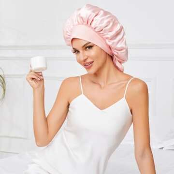 Large Silk Bonnet for Sleeping, Satin Hair Bonnet for Sleeping with Tie Band, Double Layer Satin Bonnets for Women Natural Curly Hair