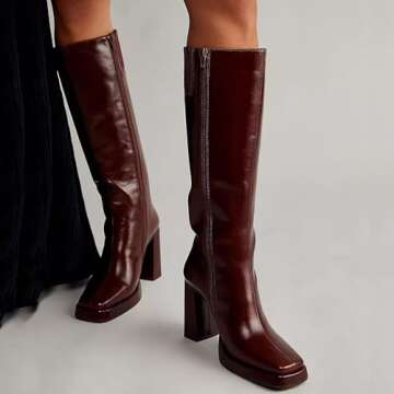 Dsevht Dark Red Leather Knee High Boots - Fashionable Chunky Block Heels