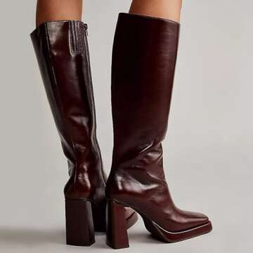 Dsevht Dark Red Leather Knee High Chunky Boots for Women