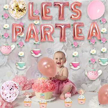 JOPARY Tea Party Decorations with LET'S PAR TEA Aluminum Foil Balloons Floral Tea Party Hanging Deco...