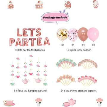 JOPARY Tea Party Decorations with LET'S PAR TEA Aluminum Foil Balloons Floral Tea Party Hanging Decorations Latex Balloons and Teapots Teacups Cupcake Toppers for Lets Par-Tea Party Decor