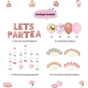 JOPARY Tea Party Decorations with LET'S PAR TEA Aluminum Foil Balloons Floral Tea Party Hanging Decorations Latex Balloons and Teapots Teacups Cupcake Toppers for Lets Par-Tea Party Decor