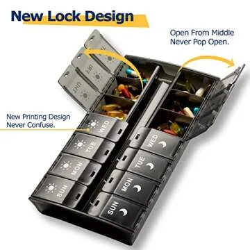 XL Large Pill Organizer 7 Day, Weekly Medicine Pill Box 2 Times a Day，Am Pm Pill Case Organizer 14 Compartments with Hinged Lids Design，Daily Box Pill Dispenser for Fish Oil/Supplements(Black)
