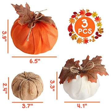 BigOtters Burlap Pumpkin, 3PCS Artificial Pumpkins Maple Leaf Pumpkins for Halloween Fall Garland Thanksgiving Table Decorations