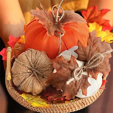 BigOtters Burlap Pumpkin, 3PCS Artificial Pumpkins Maple Leaf Pumpkins for Halloween Fall Garland Thanksgiving Table Decorations