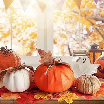 BigOtters Burlap Pumpkin, 3PCS Artificial Pumpkins Maple Leaf Pumpkins for Halloween Fall Garland Thanksgiving Table Decorations