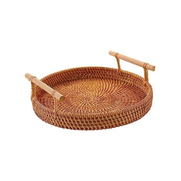 Natural Hand Woven Rattan Serving Tray Round Food Storage Vintage Decorative Rattan Wicker Tray Home...