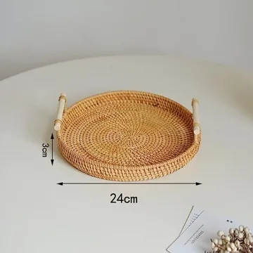 Natural Hand Woven Rattan Serving Tray Round Food Storage Vintage Decorative Rattan Wicker Tray Home Decorative Organizer Tray with Handles