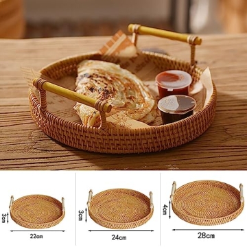 Natural Hand Woven Rattan Serving Tray Round Food Storage Vintage Decorative Rattan Wicker Tray Home Decorative Organizer Tray with Handles