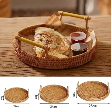 Natural Hand Woven Rattan Serving Tray Round Food Storage Vintage Decorative Rattan Wicker Tray Home Decorative Organizer Tray with Handles