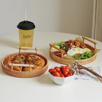 Natural Hand Woven Rattan Serving Tray Round Food Storage Vintage Decorative Rattan Wicker Tray Home Decorative Organizer Tray with Handles