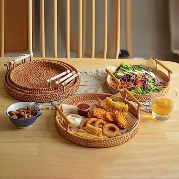 Natural Hand Woven Rattan Serving Tray Round Food Storage Vintage Decorative Rattan Wicker Tray Home Decorative Organizer Tray with Handles
