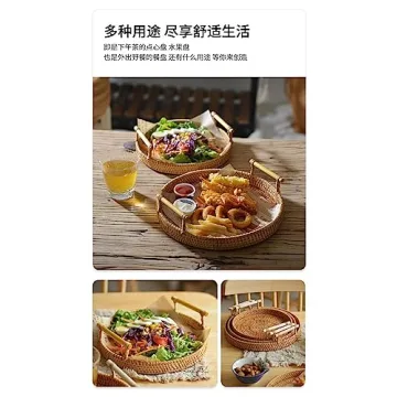 Natural Hand Woven Rattan Serving Tray Round Food Storage Vintage Decorative Rattan Wicker Tray Home Decorative Organizer Tray with Handles