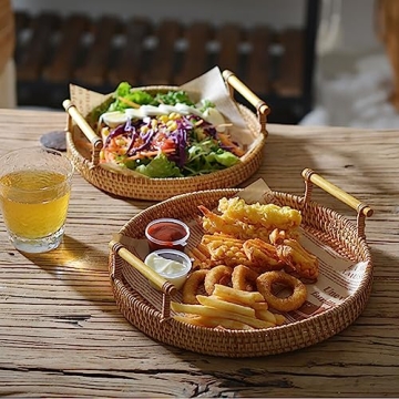 Natural Hand Woven Rattan Serving Tray Round Food Storage Vintage Decorative Rattan Wicker Tray Home Decorative Organizer Tray with Handles
