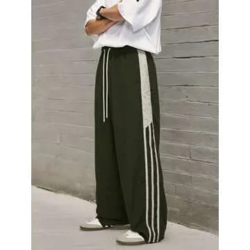 Aelfric Eden Baggy Pants Men Y2k Parachute Pants Women Vintage Striped Cargo Sweat Trousers with Drawstring Army Green