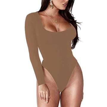 BelleLovin Women's Square Neck Long Sleeve T-shirt Basic Bodysuit Jumpsuits (B-Mocha, X-Small)