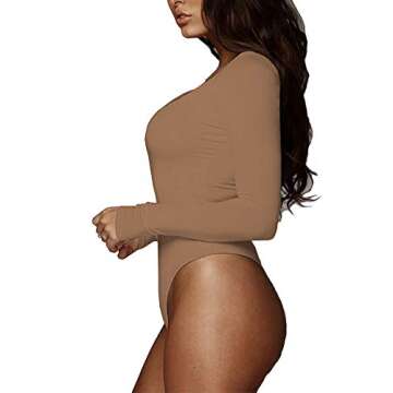 BelleLovin Women's Square Neck Long Sleeve T-shirt Basic Bodysuit Jumpsuits (B-Mocha, X-Small)