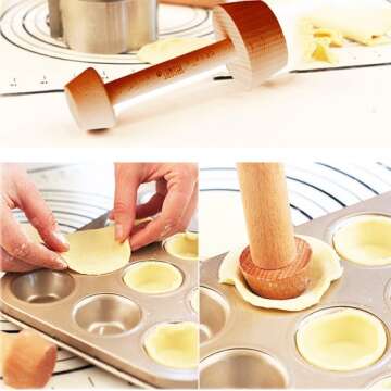 Tart Tamper Pastry Tamper Mini Pan Wood Wooden Shell Dough Muffin Metal by MSART for Making Muffin, Pecan Pies, Cheesecakes and Desserts.