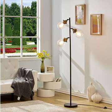 LeeZM Modern Glass Shade Floor Lamp for Living Rooms, Bedrooms, Office with Reading Light Mid Century Rustic Corner Tall Standing Up Pole Lamp with 3 LED Bulbs Vintage Industrial Style（Black/Bronze）