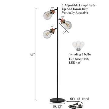 LeeZM Modern Glass Shade Floor Lamp for Living Rooms, Bedrooms, Office with Reading Light Mid Century Rustic Corner Tall Standing Up Pole Lamp with 3 LED Bulbs Vintage Industrial Style（Black/Bronze）