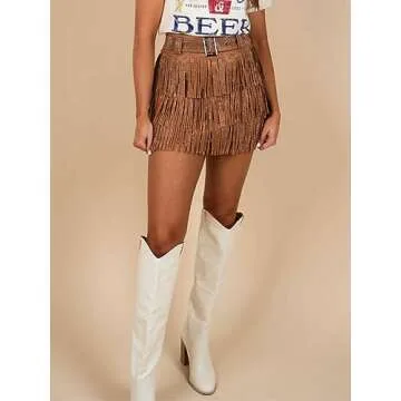 ChiyeeKiss Womens Sparkle Rhinestone Fringe Skirt Elastic Waistband Short Mini Dress with Adjustable and Removable Belt(0002-Brown-M)