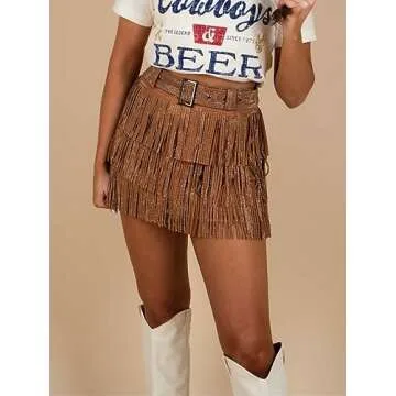 ChiyeeKiss Womens Sparkle Rhinestone Fringe Skirt Elastic Waistband Short Mini Dress with Adjustable and Removable Belt(0002-Brown-M)