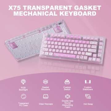 YUNZII X75 82 Key Hot Swappable Mechanical Keyboard with Transparent Keycaps, Gasket Mount 75 Keyboard, RGB Backlit Custom Gaming Keyboard for Windows/Mac (Crystal White Switch, Wired -Pink)