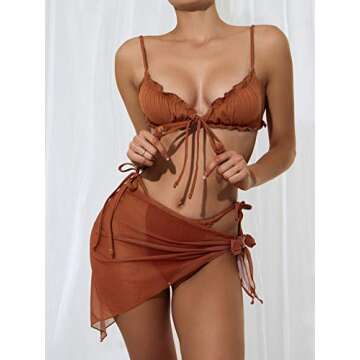SheIn Women's 3 Piece Lettuce Trim Thong Bikini Set Swimsuit and Cover Up Beach Skirt Brown Small