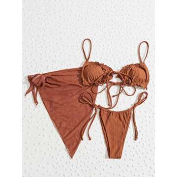 SheIn Women's 3 Piece Lettuce Trim Thong Bikini Set Swimsuit and Cover Up Beach Skirt Brown Small