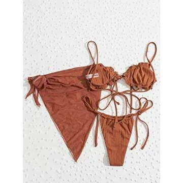 SheIn Women's 3 Piece Lettuce Trim Thong Bikini Set Swimsuit and Cover Up Beach Skirt Brown Small
