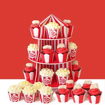 Popcorn Cupcake Wrappers, Red and White Striped - Circus Party Supplies, Carnival Decorations, and Movie Night Theme - Set of 48 for Birthday Parties and Celebrations
