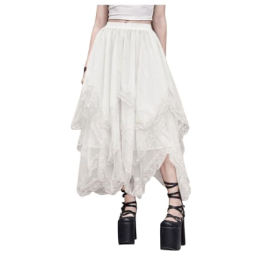 SHENHE Women's High Waist Asymmetrical Lace Trim Tulle Skirt for All Occasions