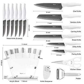 Wanbasion 16pcs White Kitchen Knife Set with Block, Stainless Steel Knives Set for Kitchen, Professional Chef Knife Sets for Kitchen with Sharpener Acrylic Block