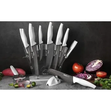 Wanbasion 16pcs White Kitchen Knife Set with Block, Stainless Steel Knives Set for Kitchen, Professional Chef Knife Sets for Kitchen with Sharpener Acrylic Block