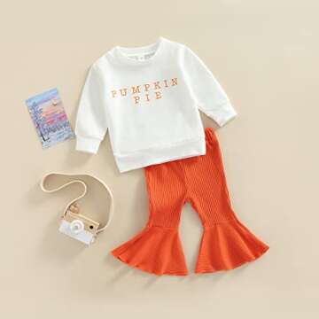 Infant Toddler Baby Boy Girl Halloween Clothes Fall Pumpkin Pie Letter Print Long Sleeve Sweatshirt Knit Flare Pants Set (6-12 Months,A Orange White)