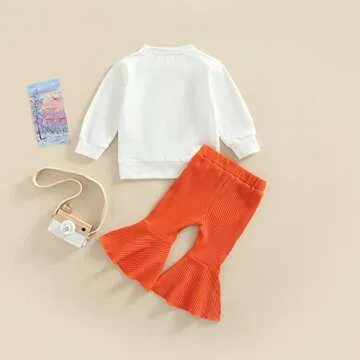 Infant Toddler Baby Boy Girl Halloween Clothes Fall Pumpkin Pie Letter Print Long Sleeve Sweatshirt Knit Flare Pants Set (6-12 Months,A Orange White)