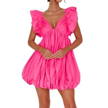 hibshaby Summer Mini Dress Deep V-Neck Babydoll Dress Bubble Dress Backless Lace Up Sexy Short Dress...