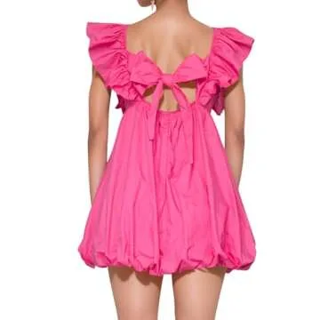 hibshaby Summer Mini Dress Deep V-Neck Babydoll Dress Bubble Dress Backless Lace Up Sexy Short Dress Rose Red M