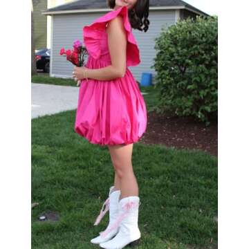 hibshaby Summer Mini Dress Deep V-Neck Babydoll Dress Bubble Dress Backless Lace Up Sexy Short Dress Rose Red M