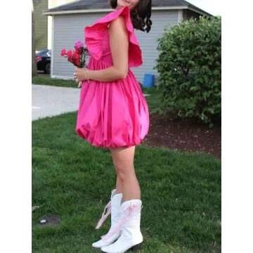 hibshaby Summer Mini Dress Deep V-Neck Babydoll Dress Bubble Dress Backless Lace Up Sexy Short Dress Rose Red M