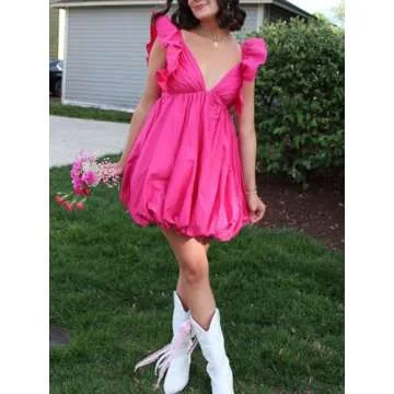 hibshaby Summer Mini Dress Deep V-Neck Babydoll Dress Bubble Dress Backless Lace Up Sexy Short Dress Rose Red M