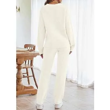 MEROKEETY Womens Fuzzy Fleece Long Sleeve 2 Piece Loungewear Outfits Sweater Pants Pajama Sets, Beige, X-Large